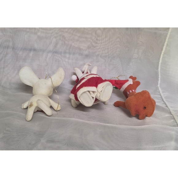Vtg MCM Flocked Felt Christmas Ornaments Lot 3 Santa Bear Mouse Reindeer Holiday - Picture 3 of 5